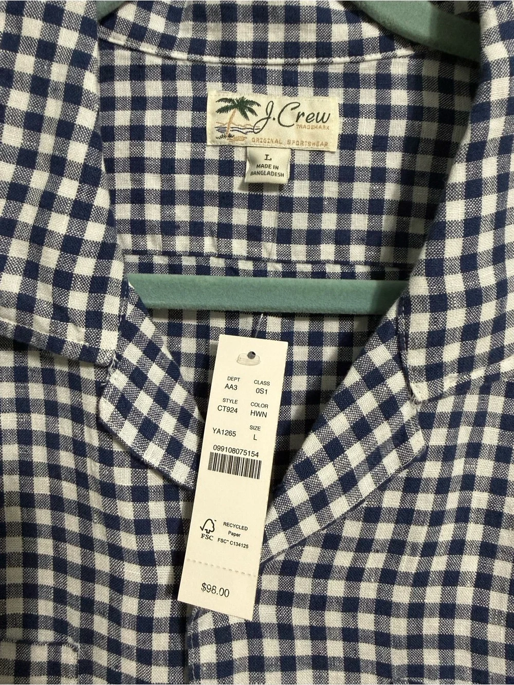 J. Crew Navy and White Gingham Short-Sleeve Button-Down Shirt Size L